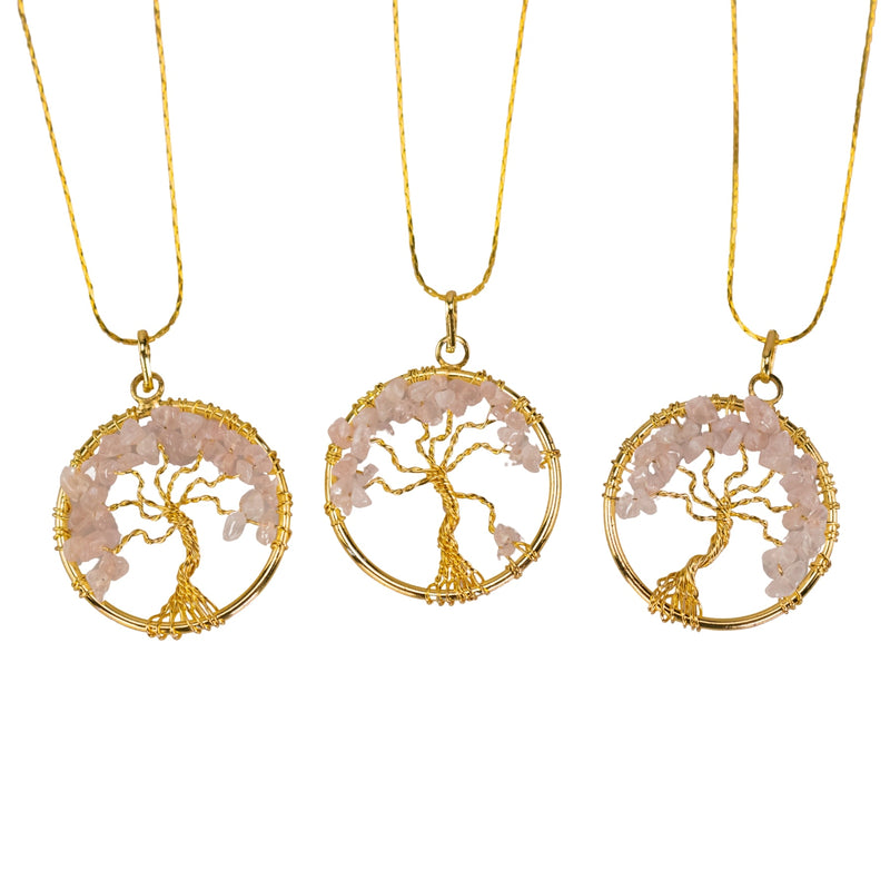 Tree of Life Rose Quartz Gold Necklace