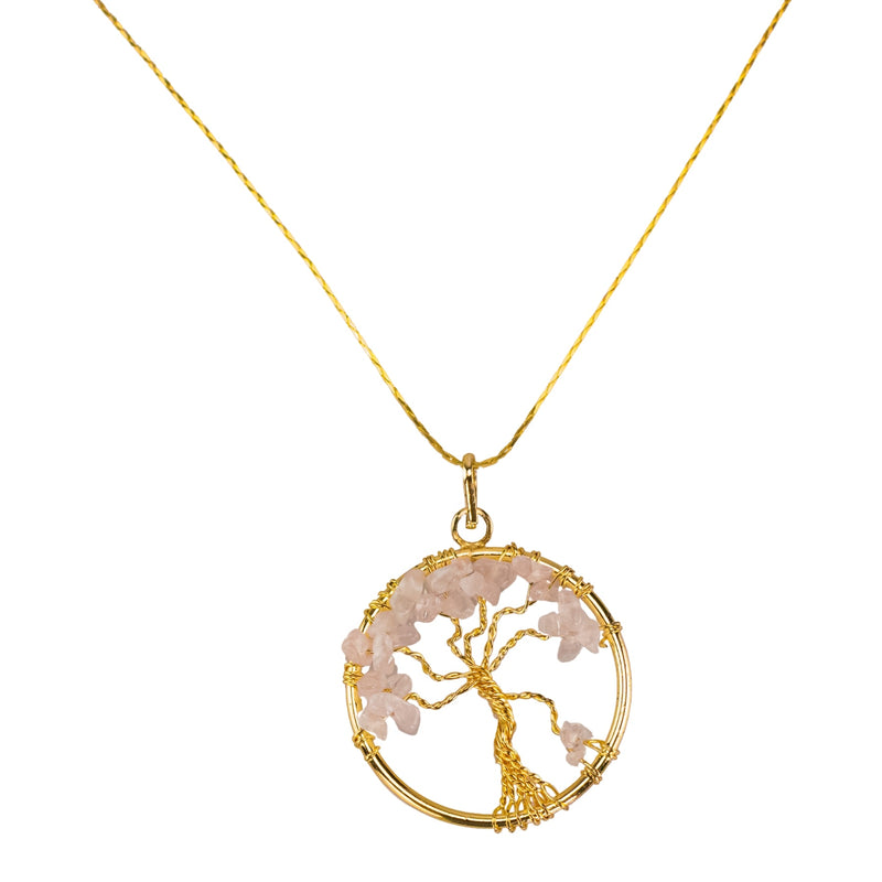 Tree of Life Rose Quartz Gold Necklace
