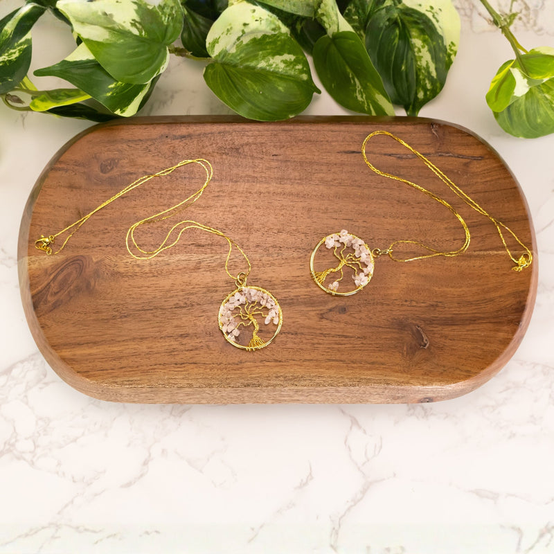 Tree of Life Rose Quartz Gold Necklace