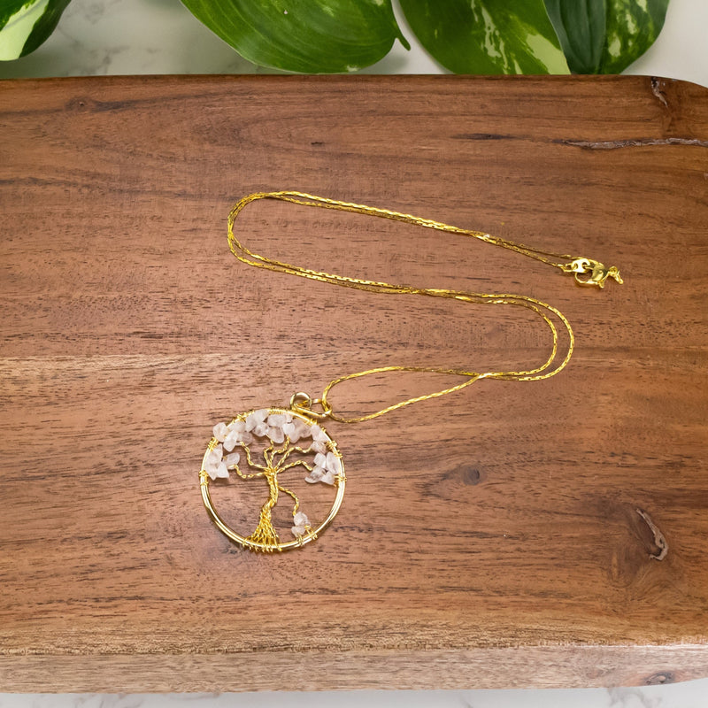 Tree of Life Rose Quartz Gold Necklace